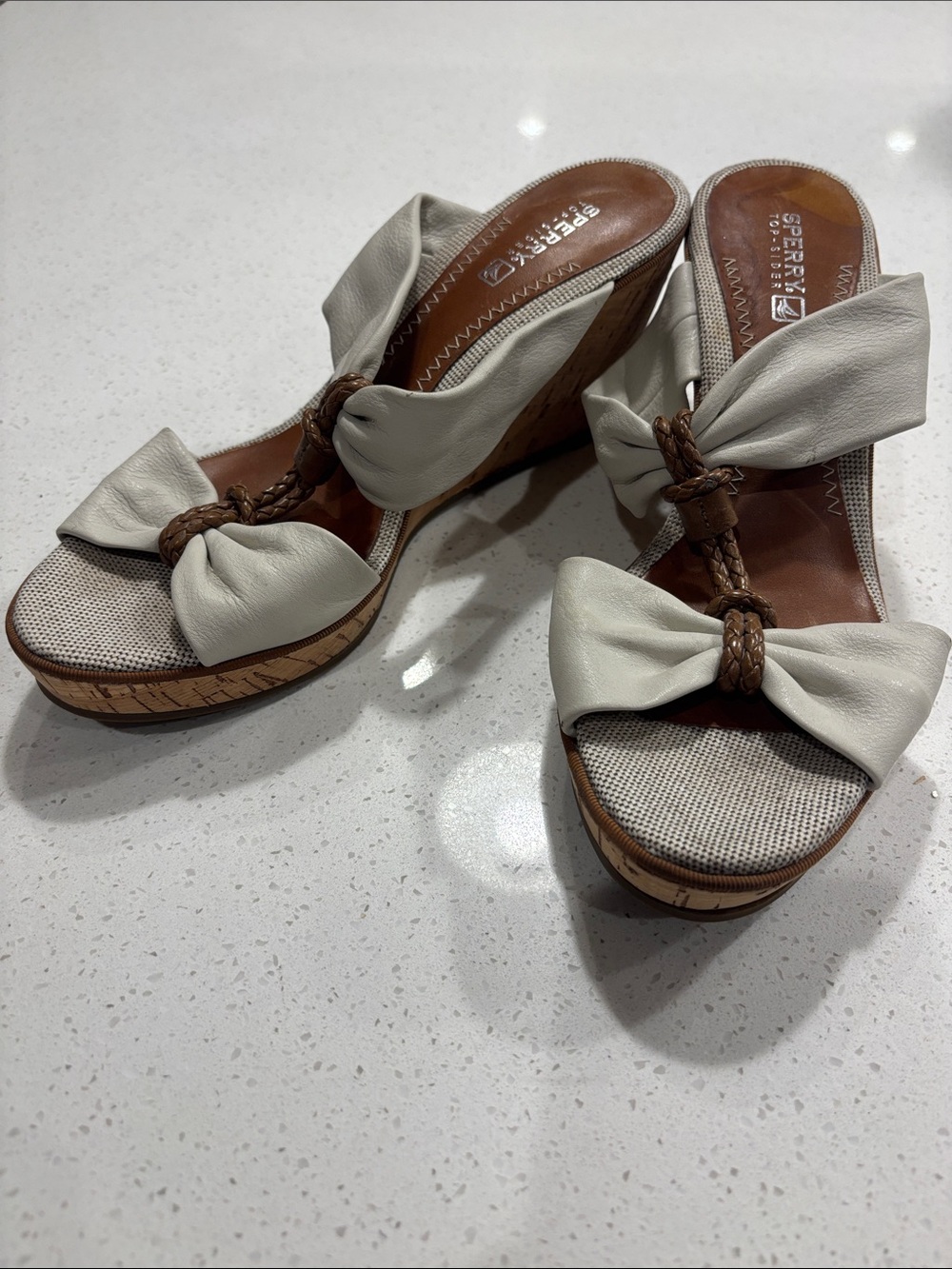 Sperry Cream Braided Bow Cork Wedge Sandals Size 8